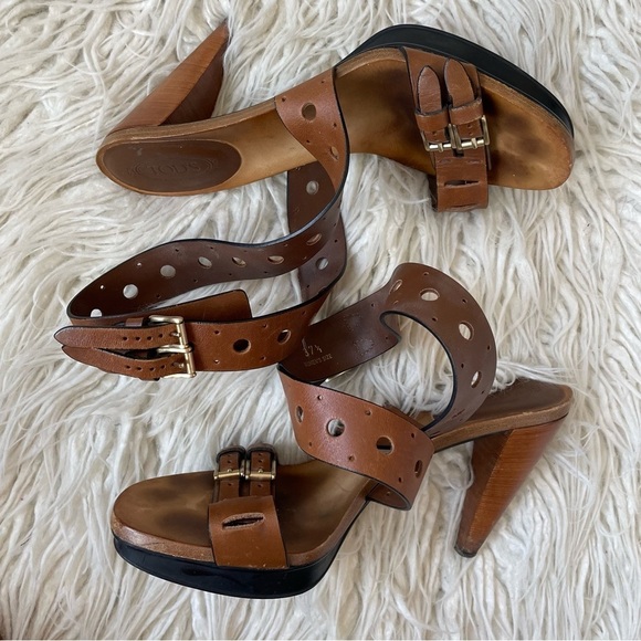 Tod’s Brown Sasha Gomma Sandalo Forature Perforated Platform Ankle Strap Sandals - Picture 2 of 10